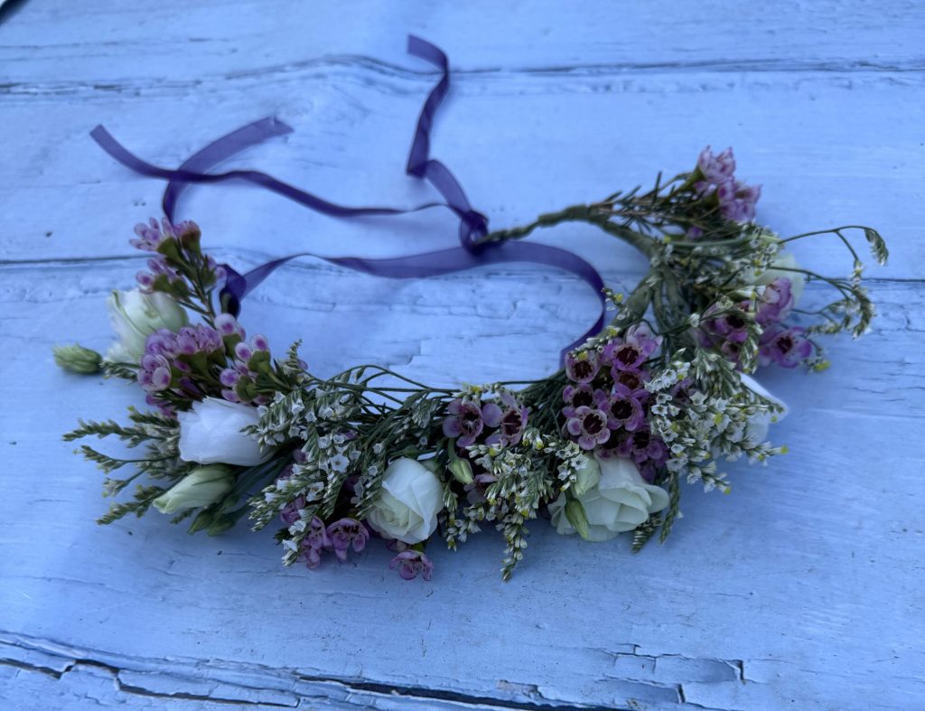 English flower crown with local seasonal flowers of provenance